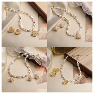 Elegant vintage pearl jewelry sets featuring shell and starfish motifs with golden accents