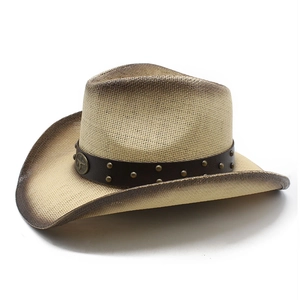 Western style woven straw cowboy hat with vintage brown gradient and bull emblem