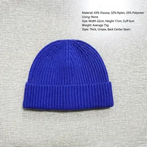 Royal blue ribbed knit beanie hat for winter hip hop style with folded brim design