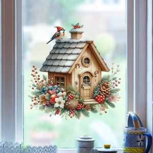 Christmas snowy cabin window sticker with festive birds and holly berry decor