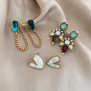 Bohemian Heart Earrings Colorful Zircon Resin Emerald Rectangular Stone Chain Tassel With 925 Sterling Silver Earring Post