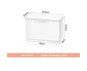 Clear plastic storage box with dimensions 10.5x4.6x6.6cm and 220ml capacity detail