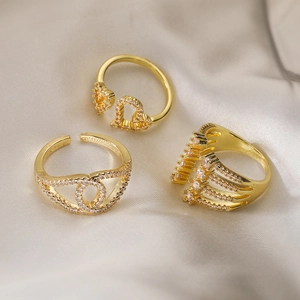 Copper Gold Plated Open Rings For Women Zircon Hollow Heart Geometric Irregular Adjustable Fashion Jewelry