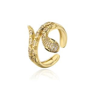 Detail of gold snake ring featuring shimmering cubic zirconia and adjustable band