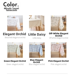 Detailed grid of pastoral cotton linen tablecloths with floral patterns and tassels