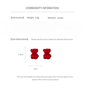 Size specifications for cute red flocked bear earrings with silver needles and measurements