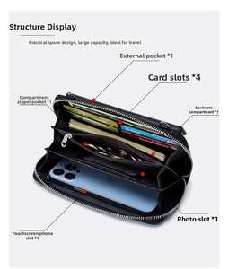 Detail view of black crossbody phone bag with card slots, cash pocket and touchscreen pouch