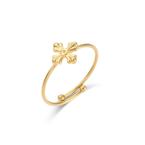 Detailed view of adjustable 18K gold plated cross ring with decorative round bead ends