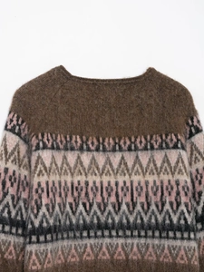 Macro detail of brown jacquard knit sweater featuring vintage geometric patterns and fuzzy texture