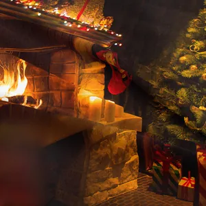Detail of Christmas tapestry showing woven fabric texture and festive fireplace print