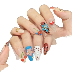 Sweet cherry and floral 3D press-on nails with red heart and blue embossed patterns