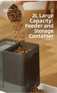 Macro detail showing food pouring into 2L automatic pet feeder with measuring cup