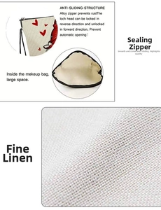 Detailed view of the fine linen cosmetic bag with gnome print and anti-slip alloy zipper