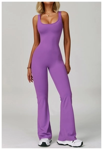 Close-up of purple high-waisted yoga jumpsuit with U-neck straps and flared leggings
