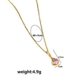 Gold plated 18K titanium steel necklace with pear-shaped pink zircon pendant 40+5cm