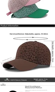Size chart showing dimensions and floral polyester baseball cap measurements in detail