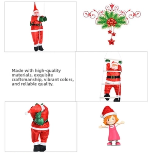 Detail of 50cm Santa Claus dolls climbing rope and ladder with green gift bags
