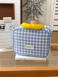 Detailansicht der blau-weiß karierten Kosmetiktasche mit Bananengriff auf Zeitschriften