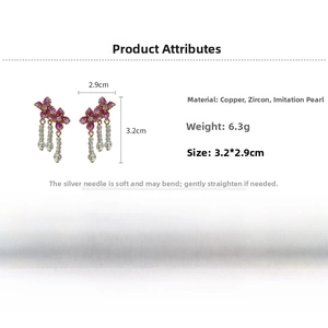 Detail showing flower earrings with purple petals, zircons and pearls for women