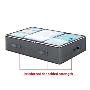 Detail of reinforced handles on grey underbed storage bag with clear top and quilted sides