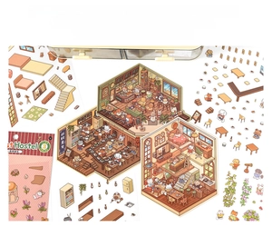 Detailed PET stickers featuring 3D miniature forest cottage scenes and cute animals