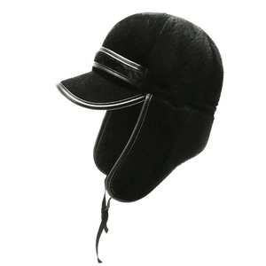 Men's winter black faux fur trapper hat with ear flaps and peak in plush finish