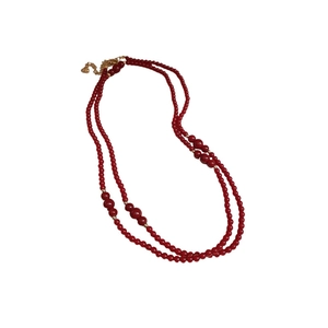 Deep red crystal beaded multilayer long necklace with golden lobster clasp and chain