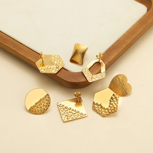 Minimalist geometric gold earrings in round square heart and hexagon shapes