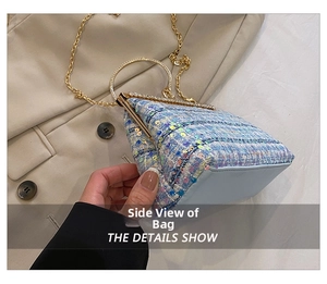 Close-up of side view of light blue sequined handbag with gold circular handle