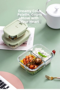 Three-compartment glass bento box with macaron green lid for meal prep storage
