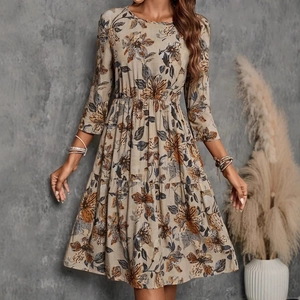 Close-up of floral print dress with natural cotton linen texture and retro flower pattern