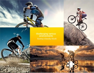 Sports sunglasses shown in various outdoor environments like mountain biking and hiking