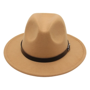 Detail of camel fedora hat featuring black leather belt and silver metal buckle