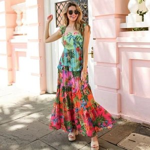 Women Tropical Floral Print One Piece Swimsuit And Tiered Ruffle Skirt Square Neck Vacation Beachwear Bathing Suit