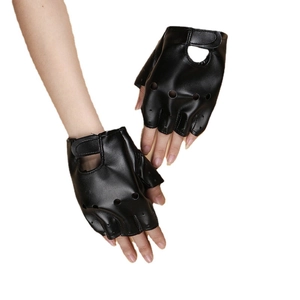 Unisex black PU leather half-finger gloves with breathable holes and adjustable wrist strap