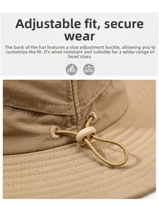 Detail of adjustable windproof drawstring and plastic toggle on beige hiking hat