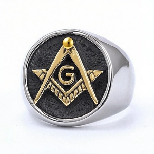 Anello massonico vintage in acciaio inossidabile con fascia argento e simbolo G oro