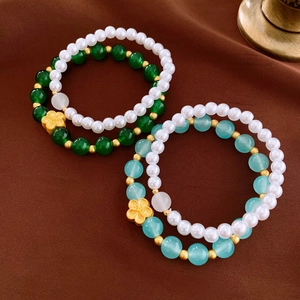 Elegant Flower Charm Beaded Bracelet Glazed Glass Beads Imitation Artificial Pearl Retro Stretch Hand Jewelry For Women Girl