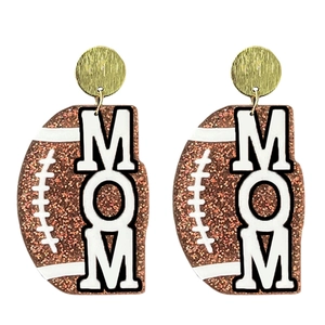 Detail of glitter brown rugby football MOM earrings with golden metal studs for Mother's Day