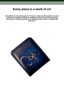 Detail of bifold wallet with skull print art and white contrast stitching on faux leather