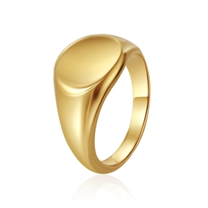 Close-up of a minimalist 18K gold-plated stainless steel signet ring on white background
