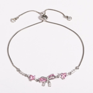 Silver bow heart zircon bracelet with pink crystals and adjustable sliding box chain