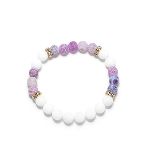 Elastic beaded bracelet with purple crackle beads, white stones, and gold crystal spacers