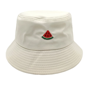 Detailed close-up of watermelon embroidery and stitching on ivory cotton bucket hat