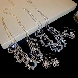 Palace Style Copper Rhinestone Flower Necklace Earrings Jewelry Combination For Women Banquet Wedding Ceremony Fine Design Accessories