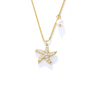 S925 sterling silver starfish pendant necklace with pearls and sparkling cubic zirconia