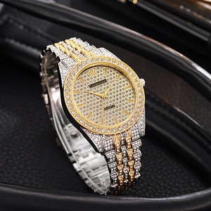Luxury iced-out quartz watch for men with diamond-encrusted large dial and two-tone strap
