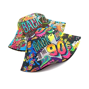Reversible bucket hat with retro 90s pop graffiti print and Back to the 90s text