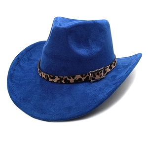 Detail of blue suede cowboy hat featuring a leopard print band and metal buckle strap