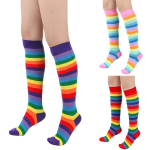 Rainbow Striped Over Knee Socks Polyester Spandex High Tube Stockings For Women Cosplay Party Casual Breathable Leg Warmer